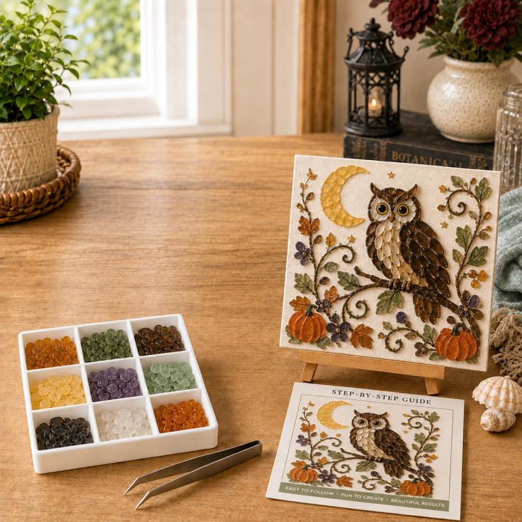 Halloween sea glass DIY art kit with owl artwork and step-by-step guide on table