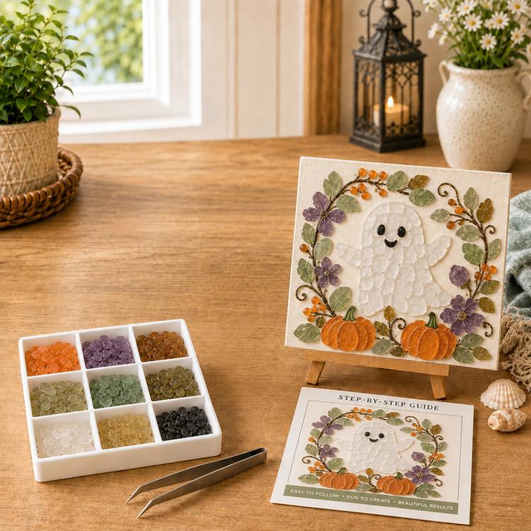 Halloween sea glass DIY art kit with friendly ghost lamb artwork on easel