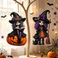 Two Halloween witch acrylic hanging ornaments with jack-o-lanterns, cats, and broom