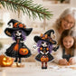 Two Halloween witch acrylic hanging ornaments with jack-o-lanterns and black cats