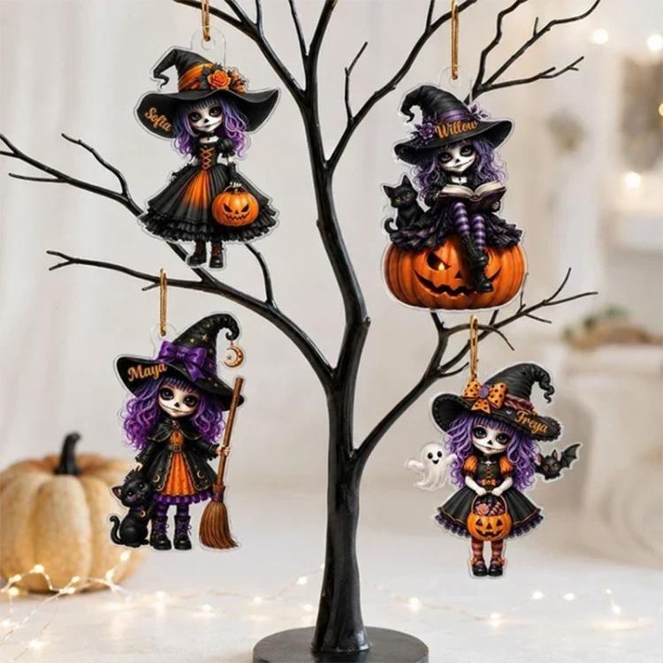 Four Halloween witch acrylic hanging ornaments with jack-o-lantern pumpkins