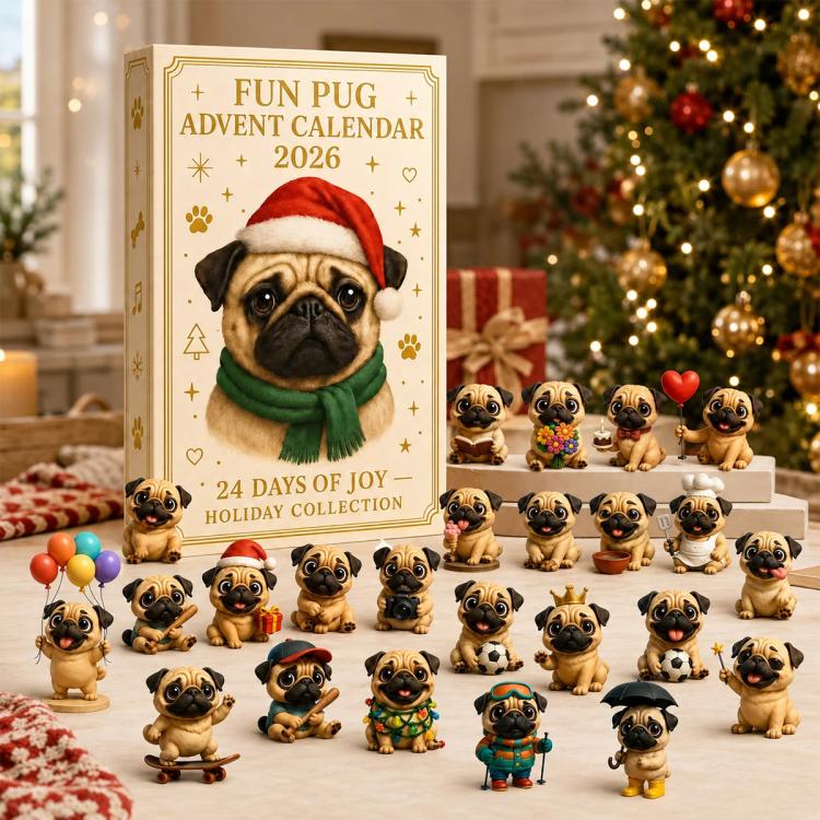 Fun pug advent calendar box with Santa hat pug graphic, 24-day holiday figurine set