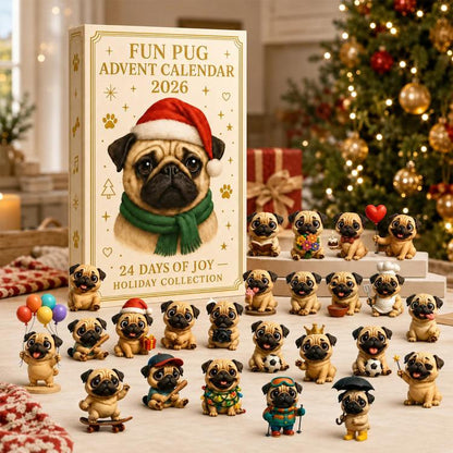 Fun pug advent calendar box with Santa hat pug graphic, 24-day holiday figurine set