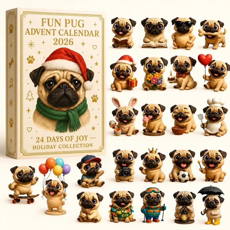 Fun pug advent calendar with display of small pug figurines arranged in rows