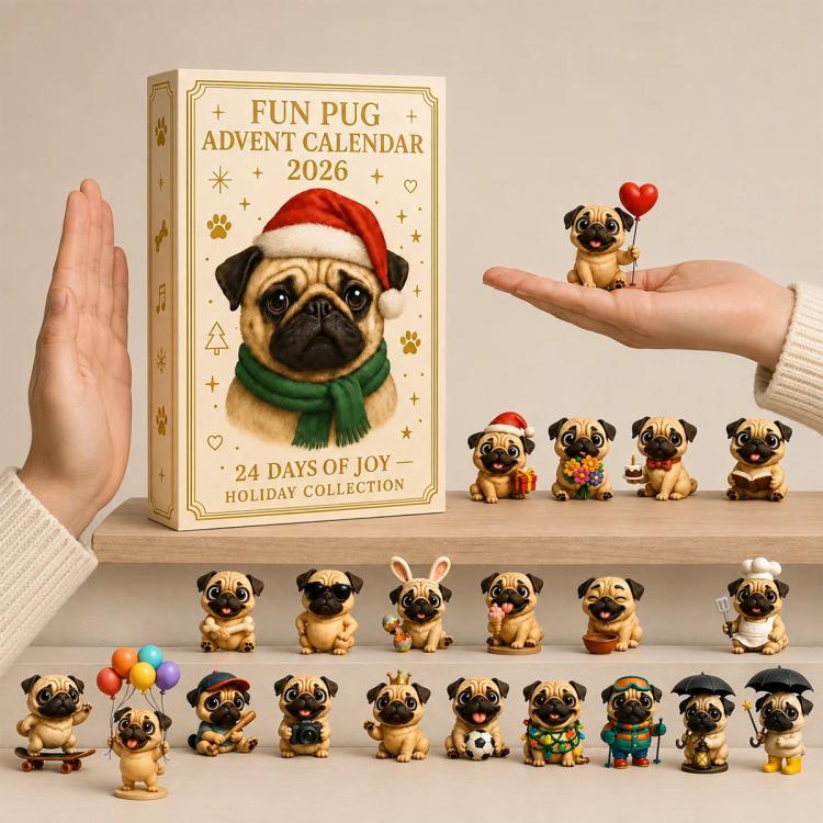 Fun pug advent calendar standing on table with pug figurines grouped on shelf