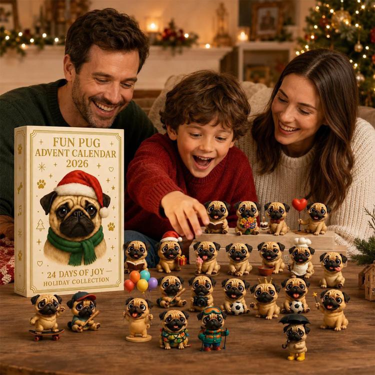 Fun pug advent calendar beside a family as they set out small pug figurines