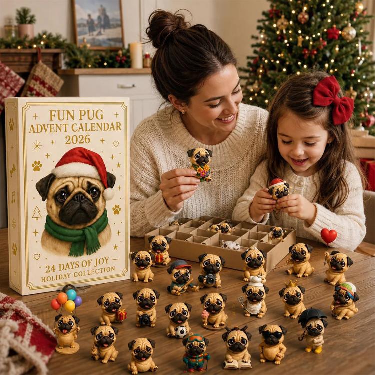 Fun pug advent calendar as two kids lift small pug figurines from the box