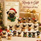 Fun pug advent calendar with “Ready to Gift” text and pug figurines near gift box
