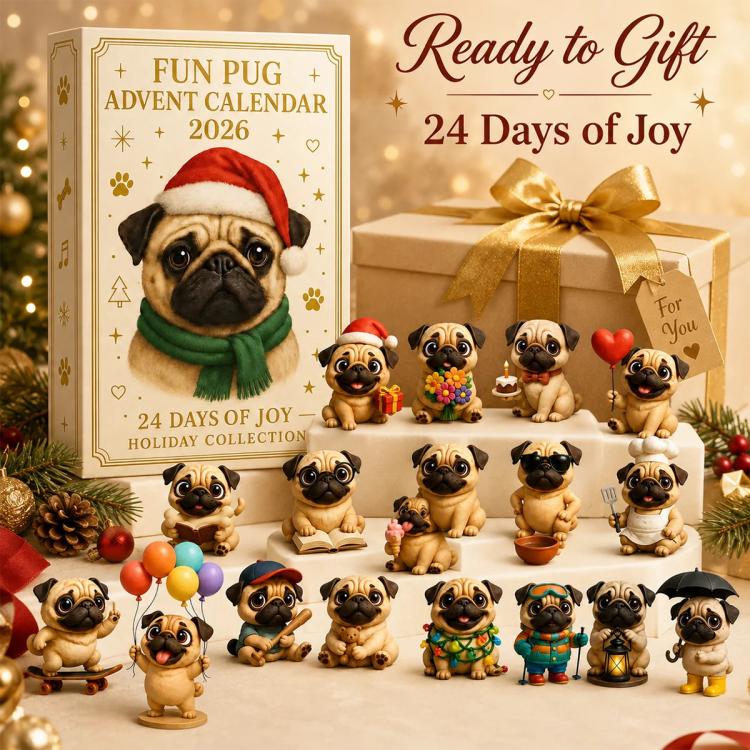 Fun pug advent calendar with “Ready to Gift” text and pug figurines near gift box