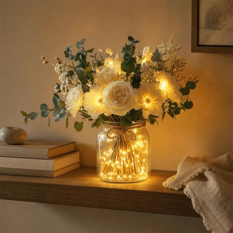 LED faux flower bouquet in clear glass jar with bow, warm white lights, white roses and greenery