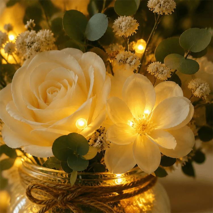 Close-up LED faux flowers in glass bottle: white rose petals, warm glowing light, green leaves