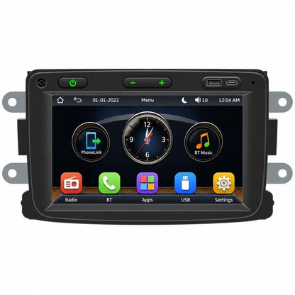 7-inch car MP5 head unit with touchscreen showing phone and music icons