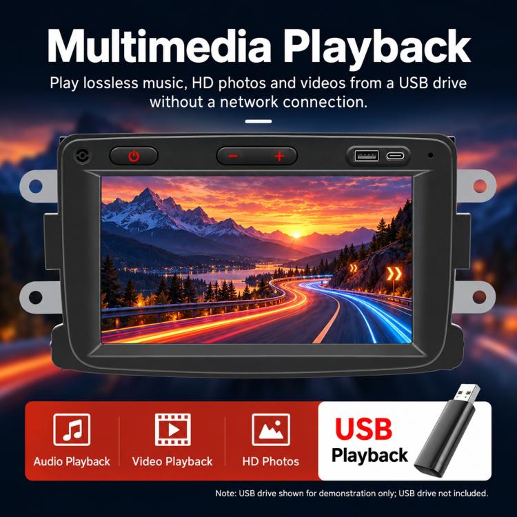Car MP5 player displaying a media playback screen with USB playback icons
