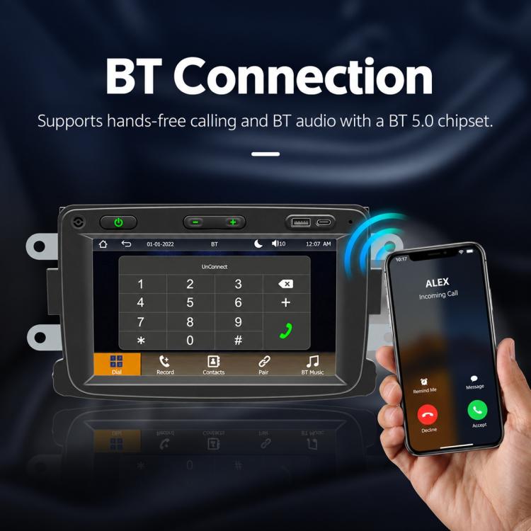 Car MP5 player with phone call keypad on touchscreen and blue BT connection glow
