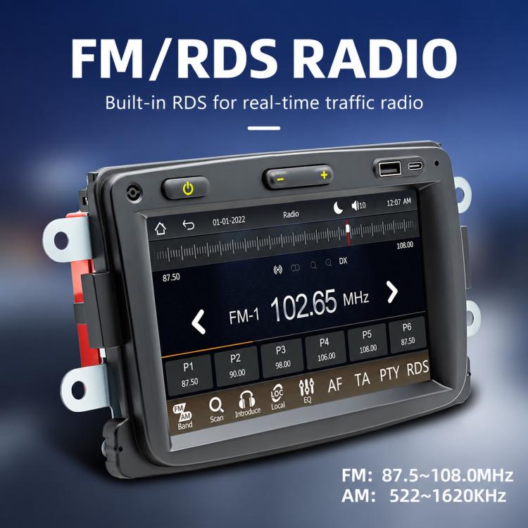 Car MP5 player radio screen showing FM frequencies and RDS options