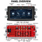 Car MP5 player panel with front screen and labeled connection ports on rear view