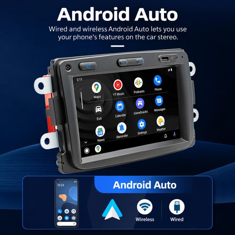 7-inch car MP5 head unit touchscreen showing Android Auto apps