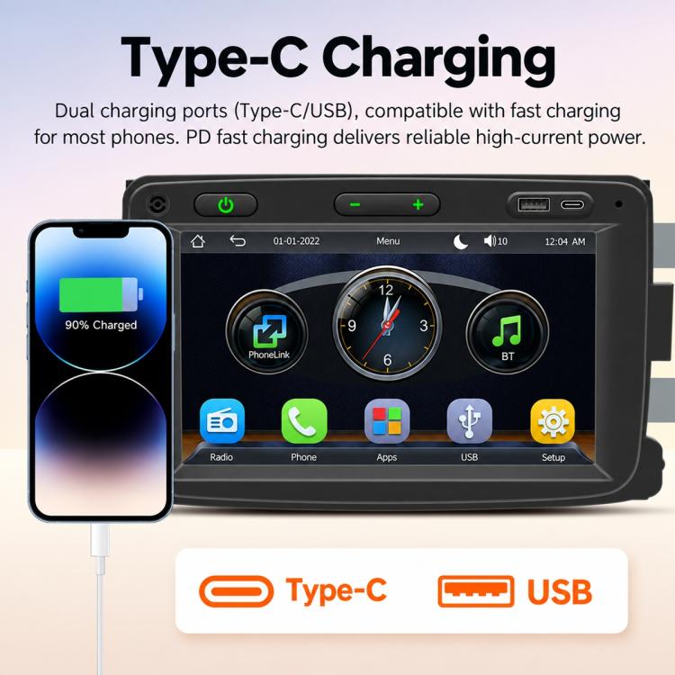 Car MP5 head unit with touchscreen and Type-C and USB charging icons