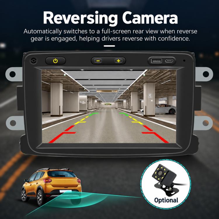 Car MP5 head unit touchscreen showing reversing camera parking guide lines