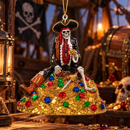 Pirate skeleton hanging ornament with black tricorn hat, red coat, jeweled gold skirt