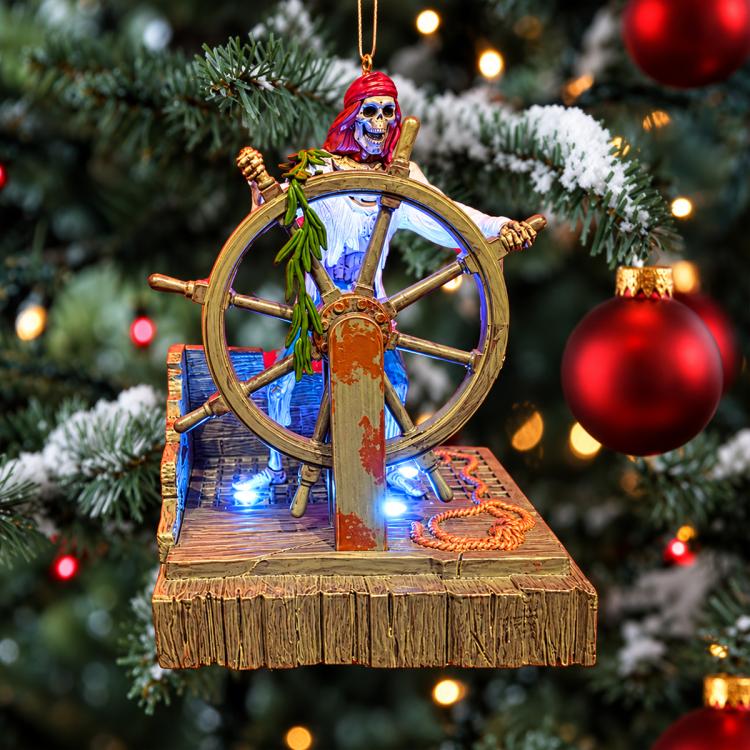 Pirate skeleton ornament on round ship-wheel base with colorful jeweled platform