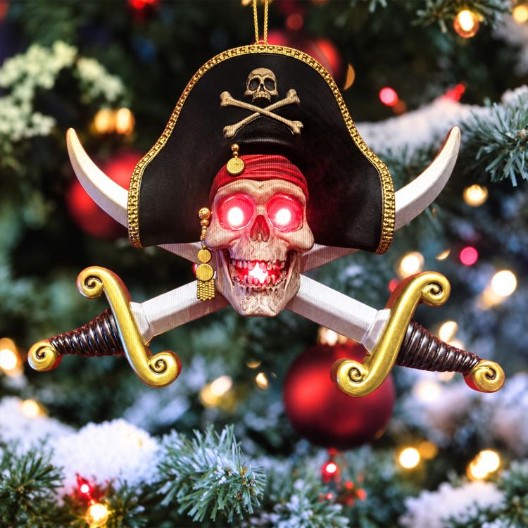 Pirate skeleton hanging ornament with tricorn hat and crossed swords, glowing red eyes