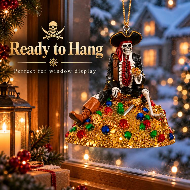Pirate skeleton hanging ornament with red beads necklace and sparkling jeweled gold skirt