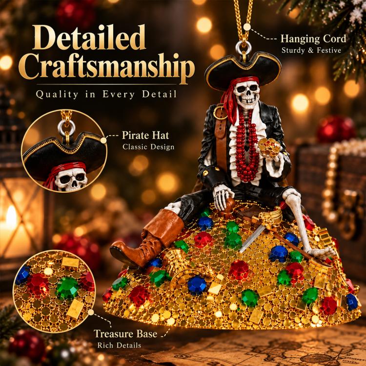 Pirate skeleton ornament with black tricorn hat, red beads, and ornate jeweled base