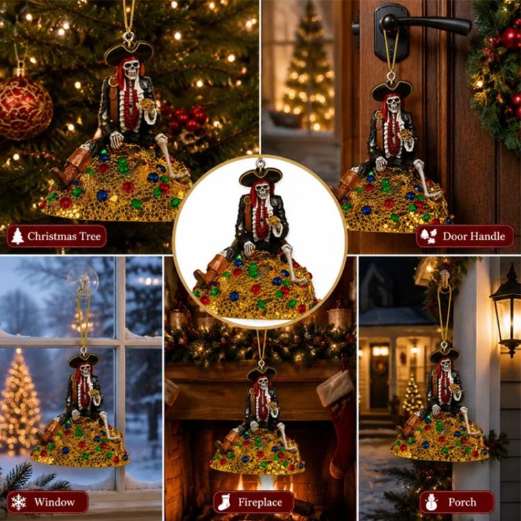 Pirate skeleton hanging ornament with jeweled gold skirt and cord for display