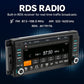 Car MP5 multimedia receiver with touchscreen showing FM radio and RDS details