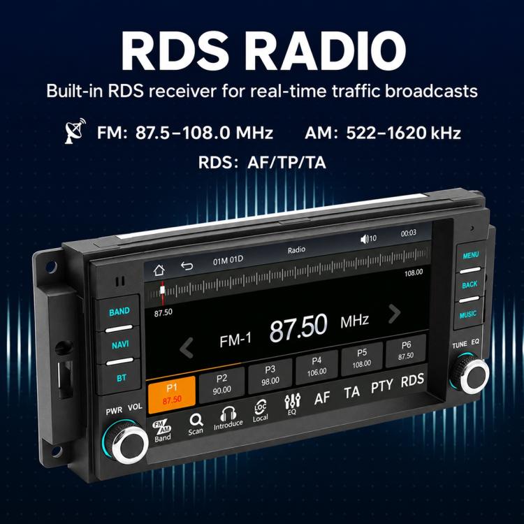Car MP5 multimedia receiver with touchscreen showing FM radio and RDS details