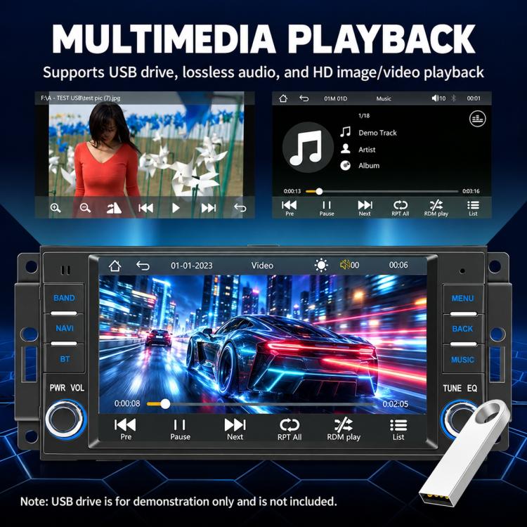 Car MP5 multimedia receiver displaying video playback on a wide touchscreen