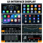 Car MP5 receiver UI display with app icons, radio tuning, and settings screens