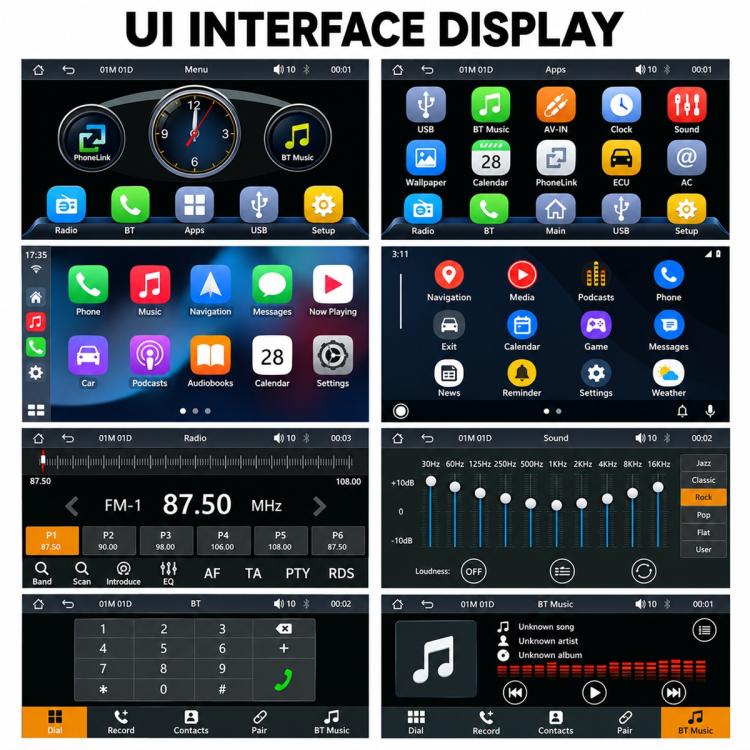 Car MP5 receiver UI display with app icons, radio tuning, and settings screens