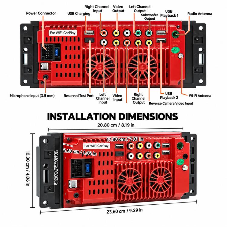 Car MP5 receiver rear ports diagram with installation dimensions and connector labels