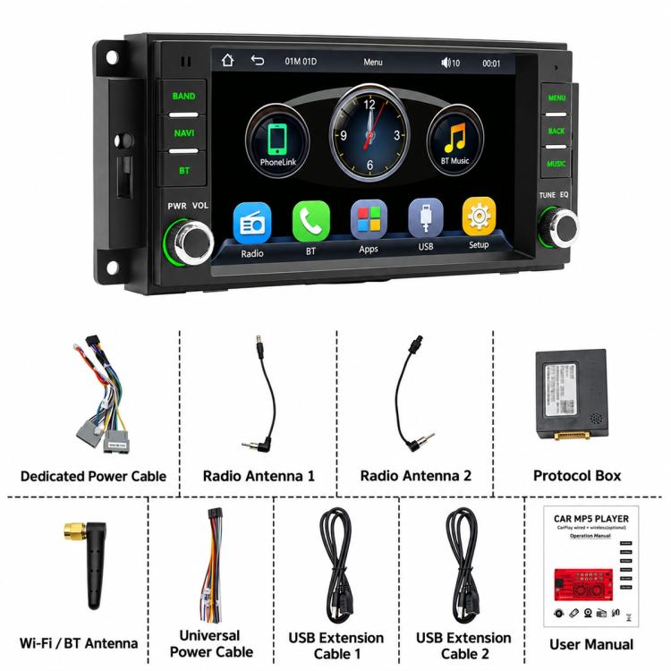 Car MP5 receiver kit contents with antennas, cables, protocol box, and manual