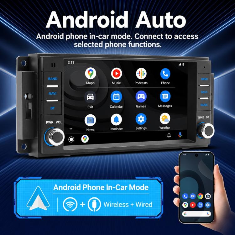 7-inch car MP5 player with Android Auto screen and smartphone