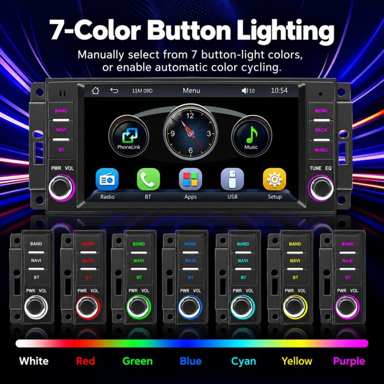 7-inch car MP5 player with multi-color button backlighting and controls