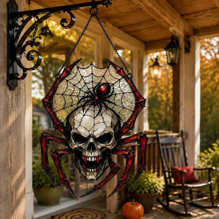 Skeleton spider web sun catcher ornament with skull centerpiece and hanging chain