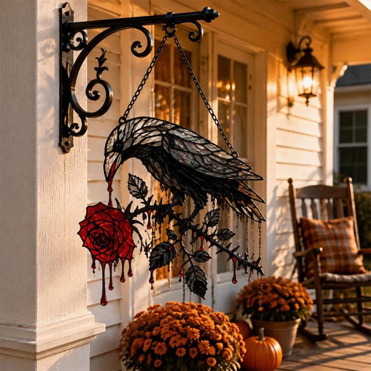 Window-hung black crow sun catcher ornament with chain and red bleeding rose accents