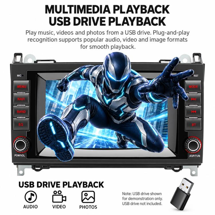 7-inch car MP5 player head unit with central touchscreen and side control buttons