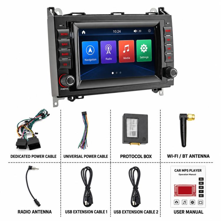 7-inch car MP5 player kit with head unit, antennas, cables, and protocol box