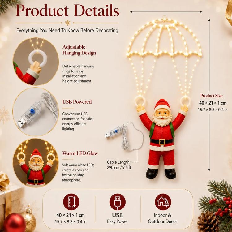 Warm LED Santa parachute pendant light with hanging rings and cable connector