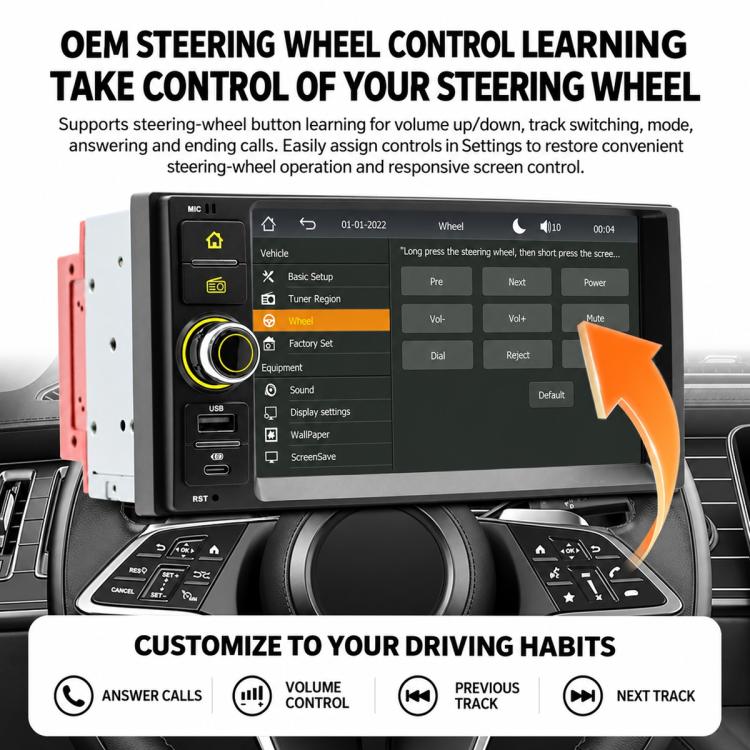 7-inch car MP5 head unit with touchscreen and steering-wheel control buttons