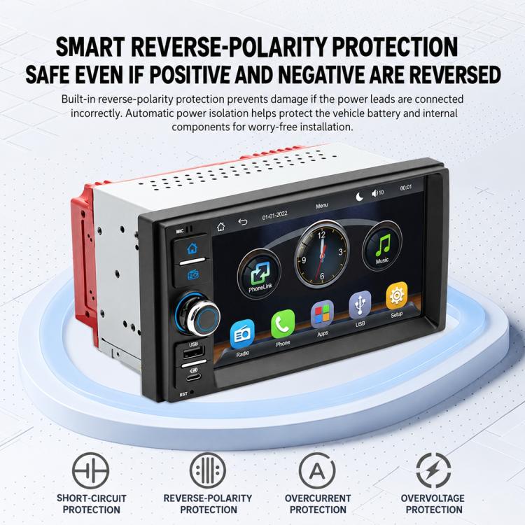 7-inch car MP5 head unit with touchscreen screen and reverse-polarity protection