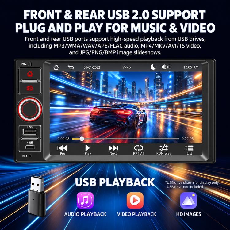 7-inch car MP5 player with touchscreen display and front & rear USB 2.0 ports