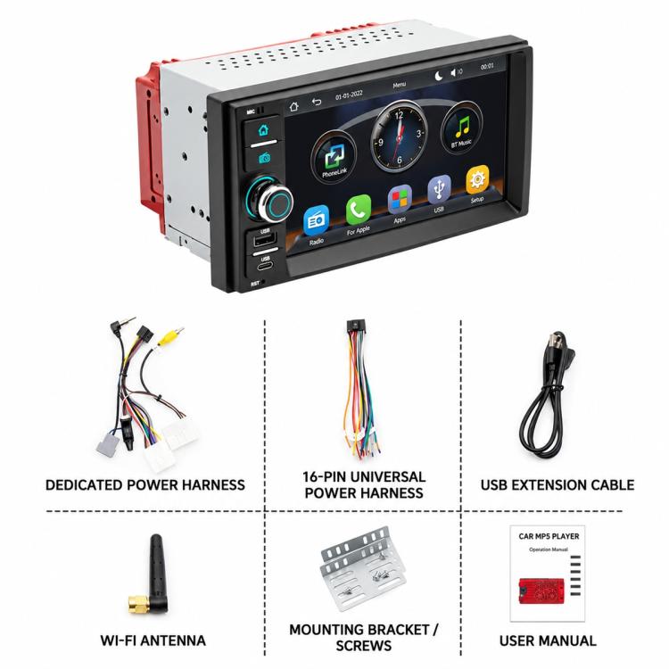 Car MP5 head unit kit with Wi-Fi antenna, mounting bracket, and wiring cables