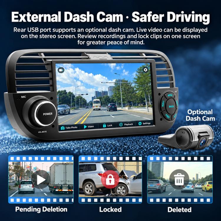 In-dash MP5 player with touchscreen showing dash cam view and side control buttons