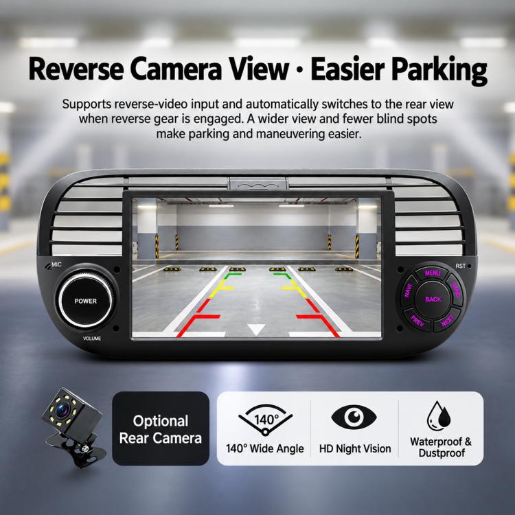 In-dash MP5 player with reverse camera view on touchscreen and audio control knob