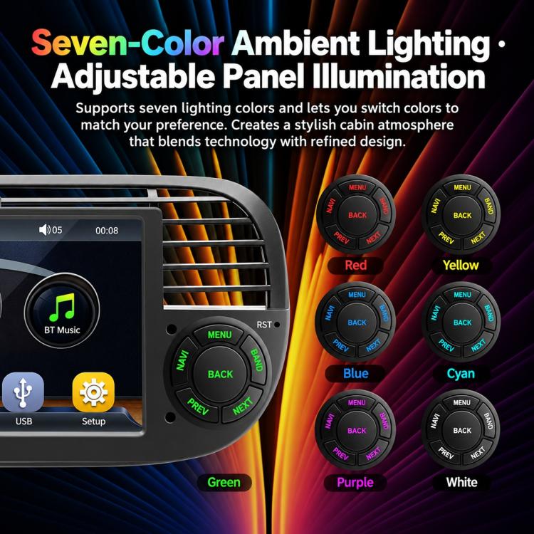 In-dash MP5 player with seven-color ambient lighting on control panel buttons